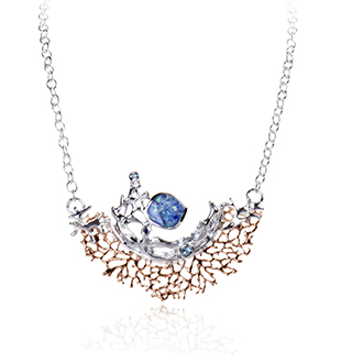 Coral Garden, 18k rose gold finish on solid sterling silver, Australian doublet opal, blue sapphire, blue topaz