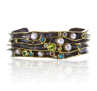 SPIRIT OF THE SEA cuff style bangle, black rhodium and 18k yellow gold finishes, fresh water pearl, Australian doublet opal, amethyst, blue topaz, peridot copy